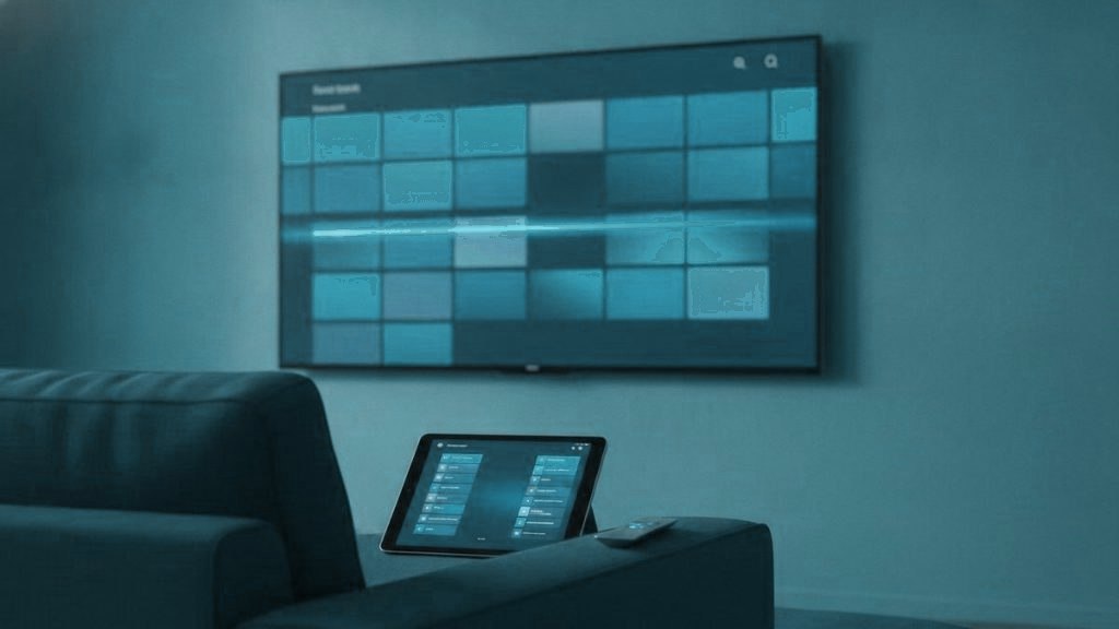 A TV showing a programme guide grid with a tablet and phone showing channel lists on a sofa