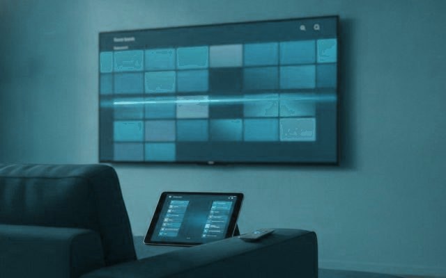 A TV showing a programme guide grid with a tablet and phone showing channel lists on a sofa