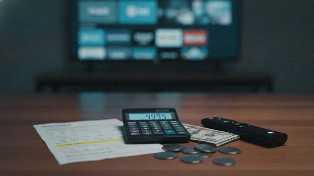 A calculator, dollar bills, coins, a streaming stick and a remote on a table in front of a TV