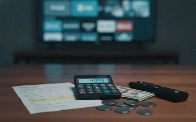 A calculator, dollar bills, coins, a streaming stick and a remote on a table in front of a TV