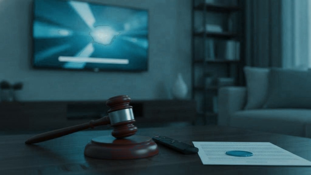 A judge gavel, a streaming remote and a sealed document on a coffee table in front of a TV