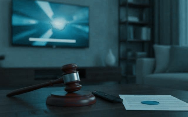 A judge gavel, a streaming remote and a sealed document on a coffee table in front of a TV