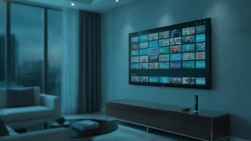 A living-room TV showing an IPTV channel guide with a streaming stick on the console
