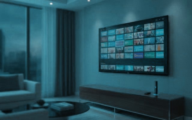 A living-room TV showing an IPTV channel guide with a streaming stick on the console